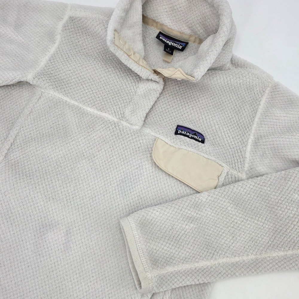 PATAGONIA SNAP FLEECE WOMENS SMALL WHITE TAN RE-TOOL PULLOVER SWEATSHIRT POCKETS